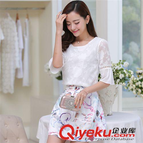 套裝裙 2015夏新款女裝中袖圓領(lǐng)套裝蓬蓬a字裙高腰兩件套連衣裙原始圖片2