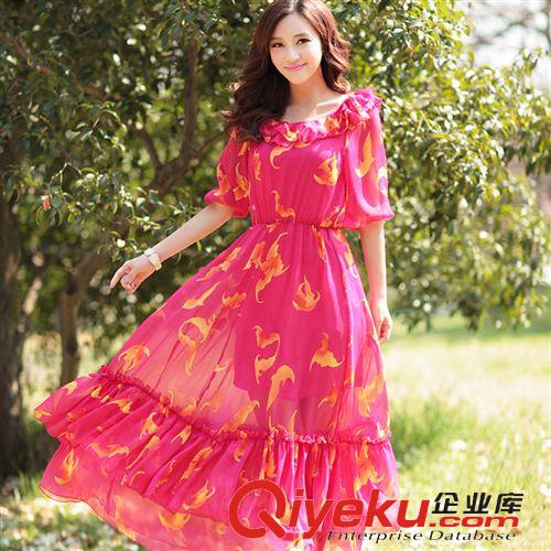 波西米亞裙 實拍2015夏季新秋波西米亞沙灘裙 五分袖雪紡印花連衣裙原始圖片2