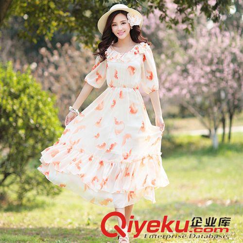 波西米亞裙 實拍2015夏季新秋波西米亞沙灘裙 五分袖雪紡印花連衣裙原始圖片3