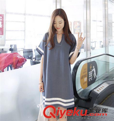 韓國(guó)代購(gòu) 韓國(guó)官網(wǎng)代購(gòu)?fù)頥領(lǐng)條紋海軍風(fēng)棉麻學(xué)院風(fēng)短袖連衣裙2015夏