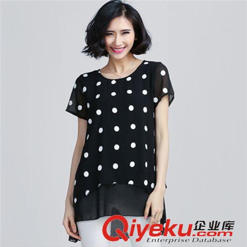襯衣，T恤 歐美大碼女裝2015夏款胖MM圓領短袖波點顯瘦雪紡衫上衣