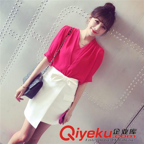 5月20號新款 2015夏季新款時尚蝴蝶印花白T+紫色系腰帶花苞闊腿短褲休閑套裝