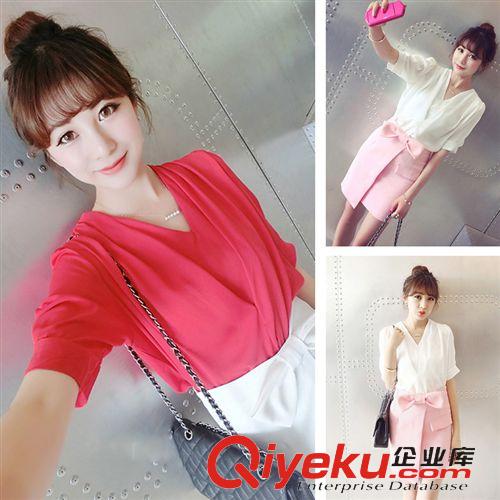 5月20號(hào)新款 2015夏裝新款時(shí)尚女裝很有范的一款韓版氣質(zhì)雙V領(lǐng)簡約百搭雪紡衫原始圖片3