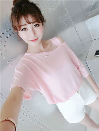 5月15號新款 2015 新款韓版創(chuàng)意不對稱 寬松露半肩斜肩單吊帶短袖純色T恤 A322原始圖片2
