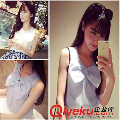 5月5號新款 2015夏裝新韓版氣質淑女OL風歐根紗氣質胸前蝴蝶結無袖雪紡衫上衣