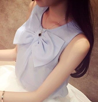 5月5號新款 2015夏裝新韓版氣質淑女OL風歐根紗氣質胸前蝴蝶結無袖雪紡衫上衣原始圖片2