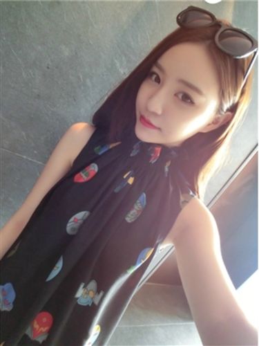 小背心，吊帶，裹胸 2015夏季新款 時尚怪獸臉譜印花花苞高領雪紡背心    A236原始圖片3