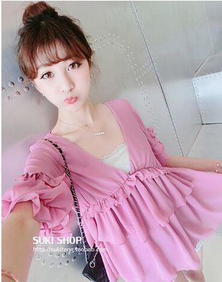 蕾絲，雪紡衫 2015夏季新品 韓版 V領(lǐng)層層木耳邊裝飾雪紡衫    A314原始圖片2