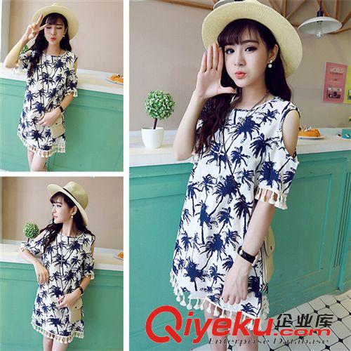 連衣裙 2015夏季新品女裝 旅游出行必備椰樹印花露肩流蘇連衣裙  A311
