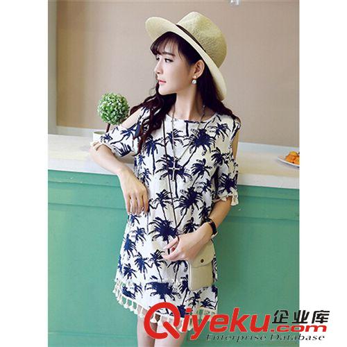 連衣裙 2015夏季新品女裝 旅游出行必備椰樹印花露肩流蘇連衣裙  A311