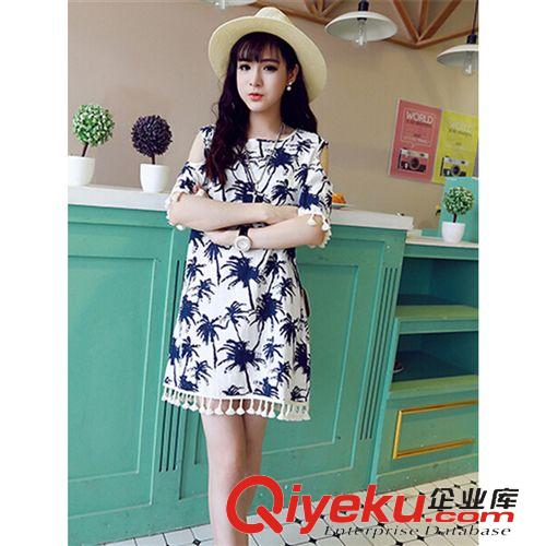 連衣裙 2015夏季新品女裝 旅游出行必備椰樹印花露肩流蘇連衣裙  A311