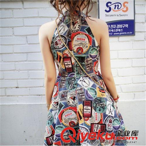 連衣裙 2015夏季新款 定制款 郵票圖片修身掛脖顯瘦韓版無袖連衣裙 A292