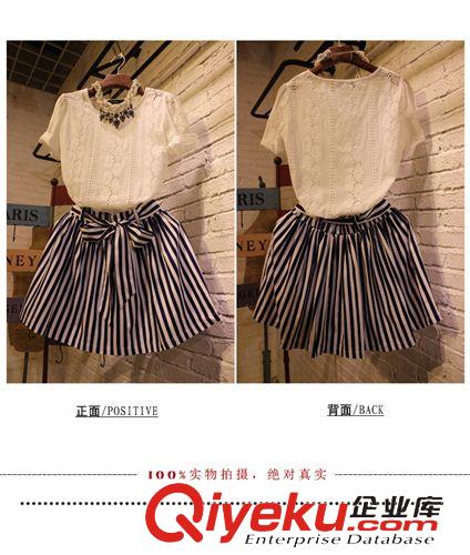 韓國東大門代購 1307#韓國東大門代購夏新款 全棉鏤空短袖衫條紋修身短裙套裝女原始圖片3