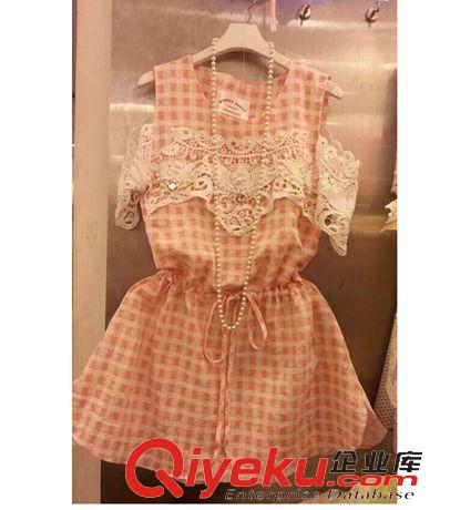 韓國東大門代購 1358#2015新款韓國東大門代購女裝新款蕾絲格子收腰連衣裙原始圖片3