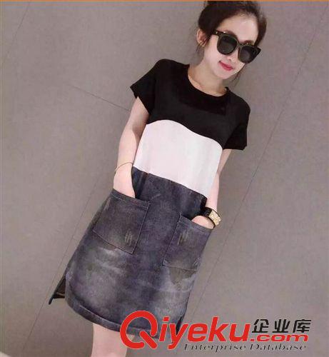 連衣裙專區(qū) 1376#2015歐洲站夏裝新款時(shí)尚百搭牛仔拼接連衣裙原始圖片2