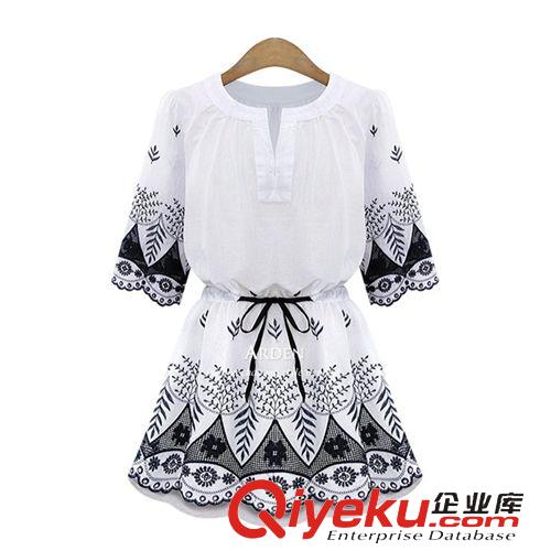連衣裙專區(qū) 1363#2015東大門代購夏裝棉麻寬松民族風刺繡五分袖女裝連衣裙原始圖片2