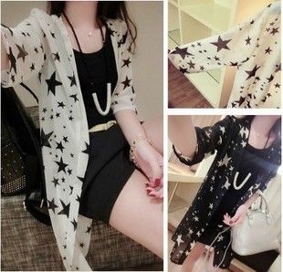 防曬服專區 1012#2015 夏裝新款五角星印花披肩防曬衣開衫星星雪紡衫原始圖片2