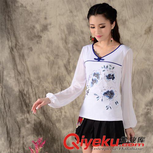精品繡花系列 1515#廠家直銷2015年夏裝新款釘珠印花女裝燈籠雪紡長袖T恤
