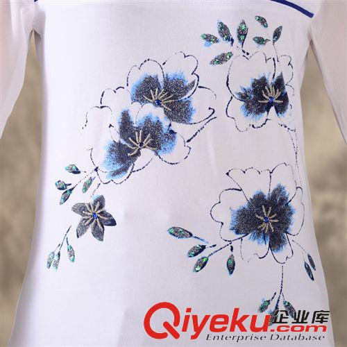 精品繡花系列 1515#廠家直銷2015年夏裝新款釘珠印花女裝燈籠雪紡長袖T恤