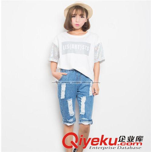 牛仔長褲 1075#2015夏裝新款韓版藍色牛仔女裝時尚毛邊破洞熱褲子