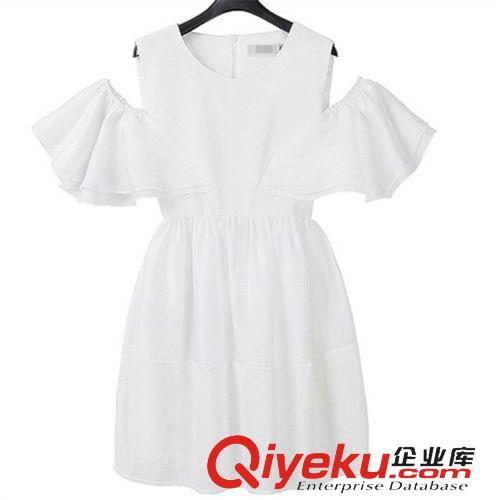 連衣裙 李小璐明星同款性感蓬蓬裙喇叭袖露肩純色縷空短連衣裙原始圖片2