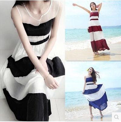 4月23日新款 2015夏季新款韓版黑白條紋網紗拼接雪紡連衣裙女背心大擺長裙1073原始圖片3