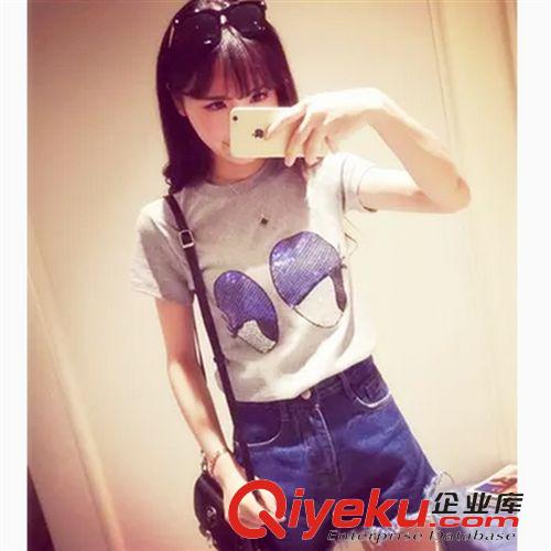 T恤 2015春裝新款 韓版俏皮可愛亮片眼睛純棉短袖T恤女 6609原始圖片2
