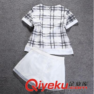 休閑套裝 2015夏裝新款女名媛小香風格子上衣歐根紗短褲兩件套休閑套2895