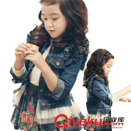 一件代發(fā)區(qū) 童裝2015春秋日韓童裝女童木耳邊網(wǎng)紗拼接夾克中大童水洗牛仔外套原始圖片2
