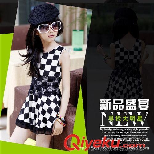 一件代發(fā)區(qū) 韓國女大童黑白格子連衣裙女童裝夏裝2015新款夏季兒童雪紡裙子潮原始圖片2