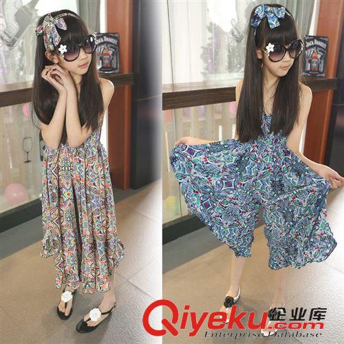 2015夏季全部新品 新款童褲2015夏中大女童可調(diào)連體褲發(fā)帶度假風(fēng)印花闊腿褲七分褲子原始圖片2
