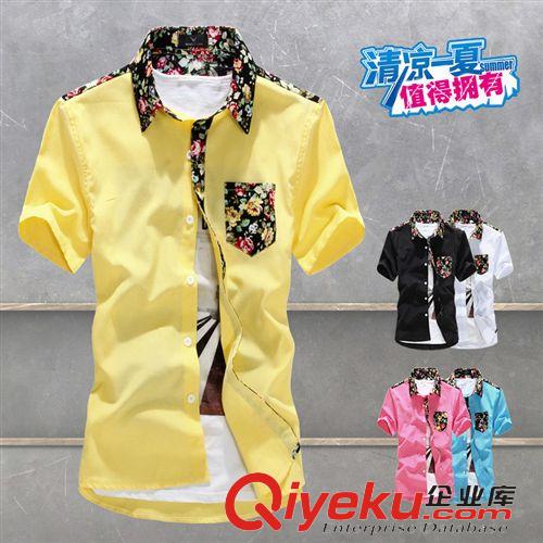 2015年4月新款 2015夏季男短袖批發(fā)襯衫 襟門撞色拼接襯衣男 韓版時尚打底衫男裝原始圖片2