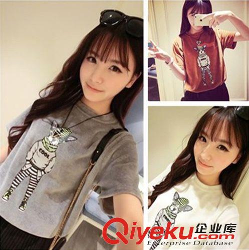 T恤 實(shí)拍韓國2015夏季時(shí)尚新款圓領(lǐng)寬松彩傘印花純棉女式顯瘦T恤衫