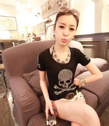 T恤 2014新款夏季 超酷燙鉆骷髏修身顯瘦百搭T恤 女原始圖片2