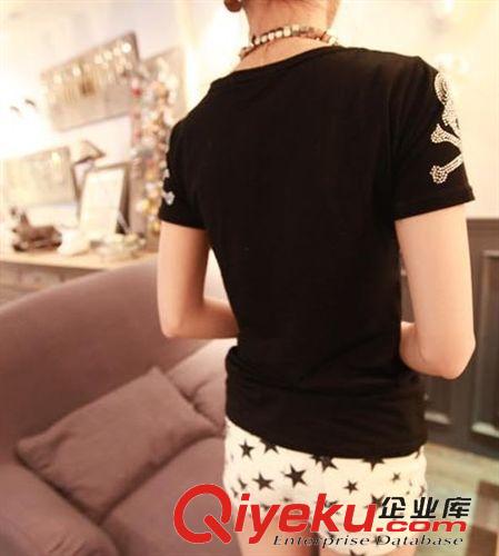 T恤 2014新款夏季 超酷燙鉆骷髏修身顯瘦百搭T恤 女原始圖片3