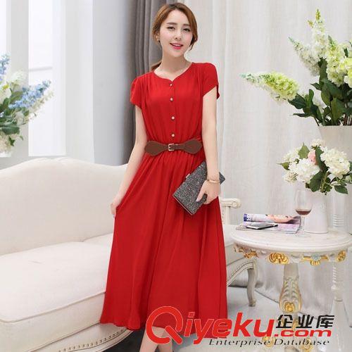4.29夏新品 2015夏季新款女裝沙灘長裙韓版修身氣質(zhì)純色雪紡連衣裙原始圖片3