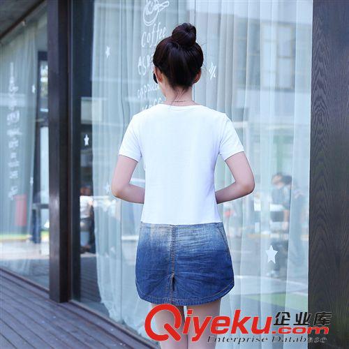 4.23上衣連衣裙 2015夏季新款女式短袖T恤女 韓版字母牛仔拼接中長款上衣女原始圖片2