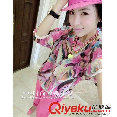〖套裝專區(qū)〗 歐洲站2015春夏新款大碼真絲幻彩印花上衣 哈倫九分褲時尚套裝女原始圖片2