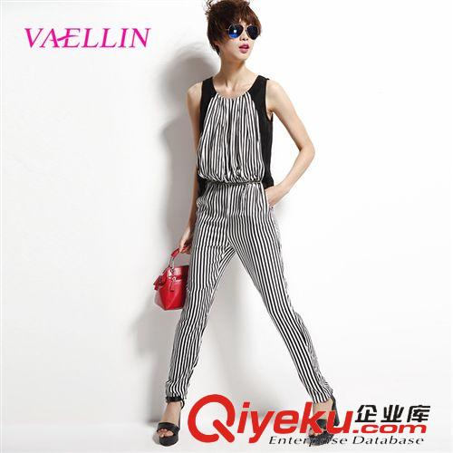 新款上新 歐洲站2015夏季新款女裝歐美無袖時尚OL修身條紋連體褲