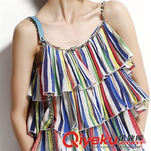 新款上新 2015夏季新款時(shí)尚女裝批發(fā)代理波西米亞度假沙灘壓褶彩條吊帶衫原始圖片3