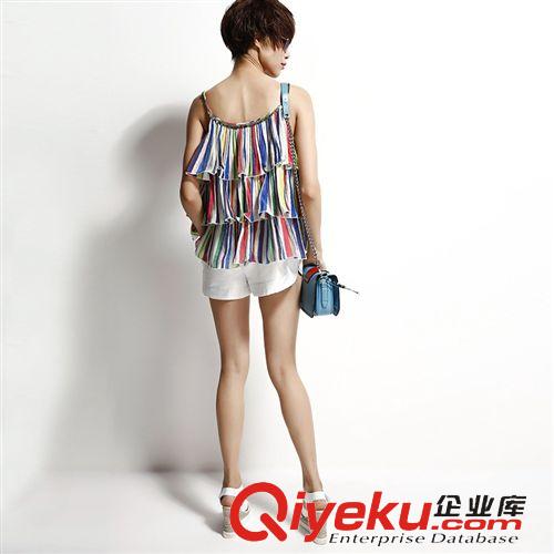 吊帶衫/小背心/裹胸 2015夏季新款時尚女裝批發代理波西米亞度假沙灘壓褶彩條吊帶衫原始圖片2