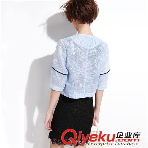 女式外套 2015春夏新款歐洲站批發(fā)代理時(shí)尚百搭七分袖條紋歐根紗女式外套原始圖片2