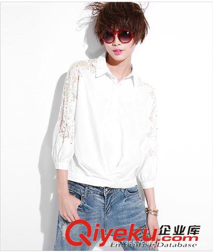 女式T恤 2015夏季新款女裝上衣歐洲站蕾絲繡花拼接寬松長袖套頭女式襯衫原始圖片2