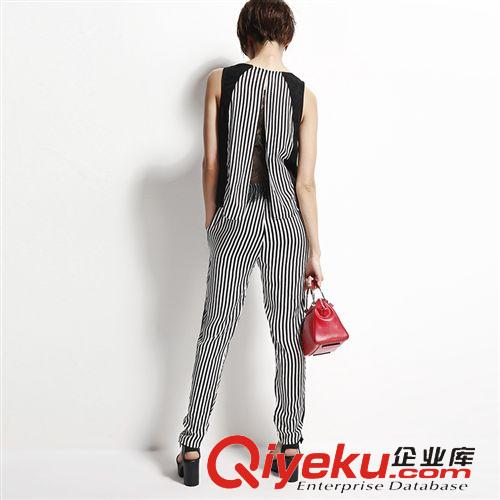 掌柜推薦 歐洲站2015夏季新款女裝歐美無袖時尚OL修身條紋連體褲原始圖片2