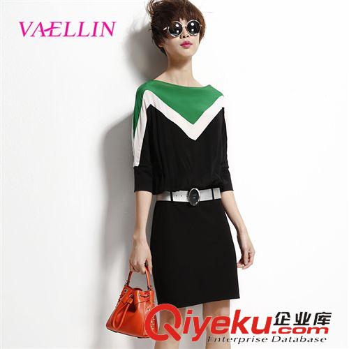 掌柜推薦 歐洲站2015夏裝新品gd真絲女裝批發(fā)拼接撞色時尚連衣裙女送腰帶