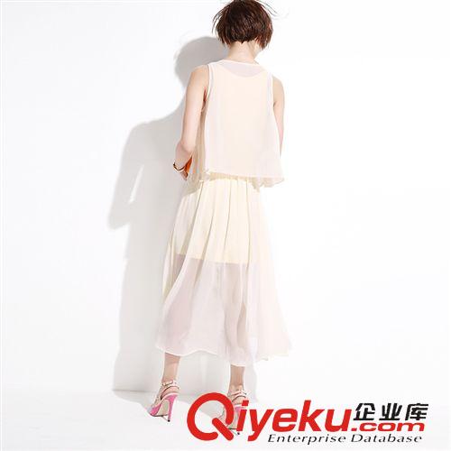 掌柜推薦 2015夏季新品歐洲站女裝長款裙假兩件勾花鏤空雪紡無袖長裙連衣裙