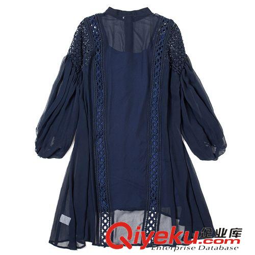 掌柜推薦 2015夏季新款歐美女裝批發雪紡拼蕾絲鏤空假兩件長袖襯衫連衣裙