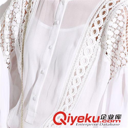 掌柜推薦 2015夏季新款歐美女裝批發雪紡拼蕾絲鏤空假兩件長袖襯衫連衣裙