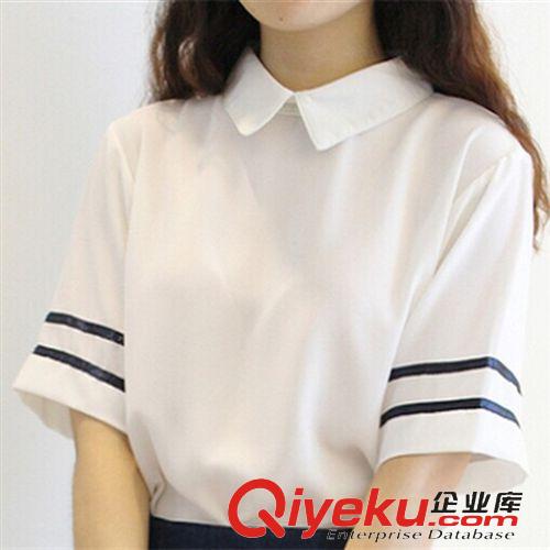 4月新品 2015夏新款學院風藍白條紋娃娃領雪紡衫牛仔短裙套裝女兩件套原始圖片2
