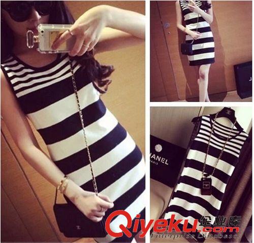 4月新品 2015夏款女裝粗細條紋相間包臀背心連衣裙淑女無袖修身打底裙原始圖片2